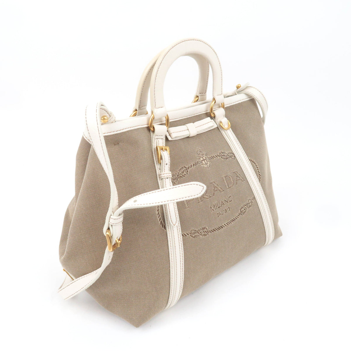 PRADA Logo Jacquard 2Way Handbag Beige BN1671