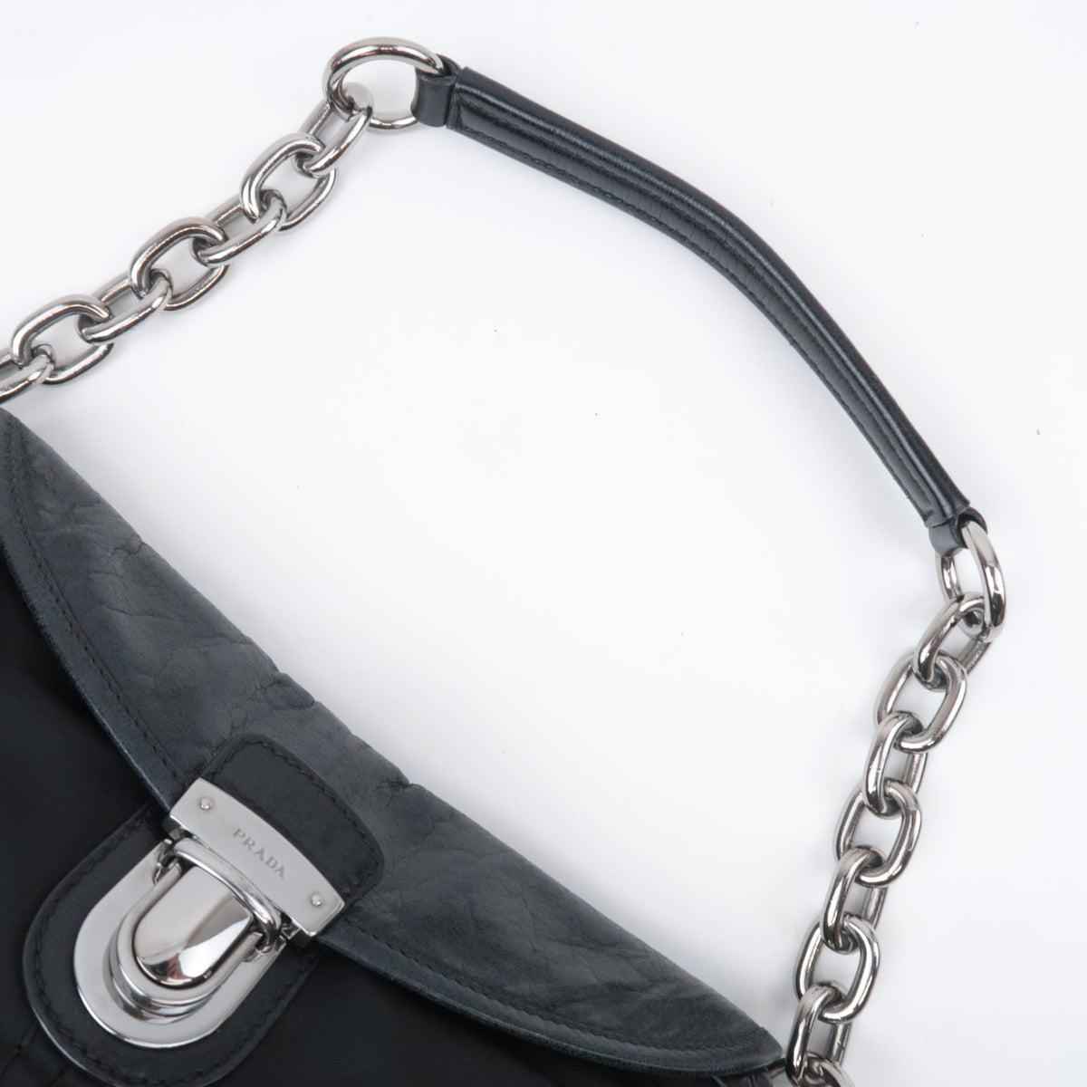PRADA Nylon Leather Chain Shoulder Bag Black
