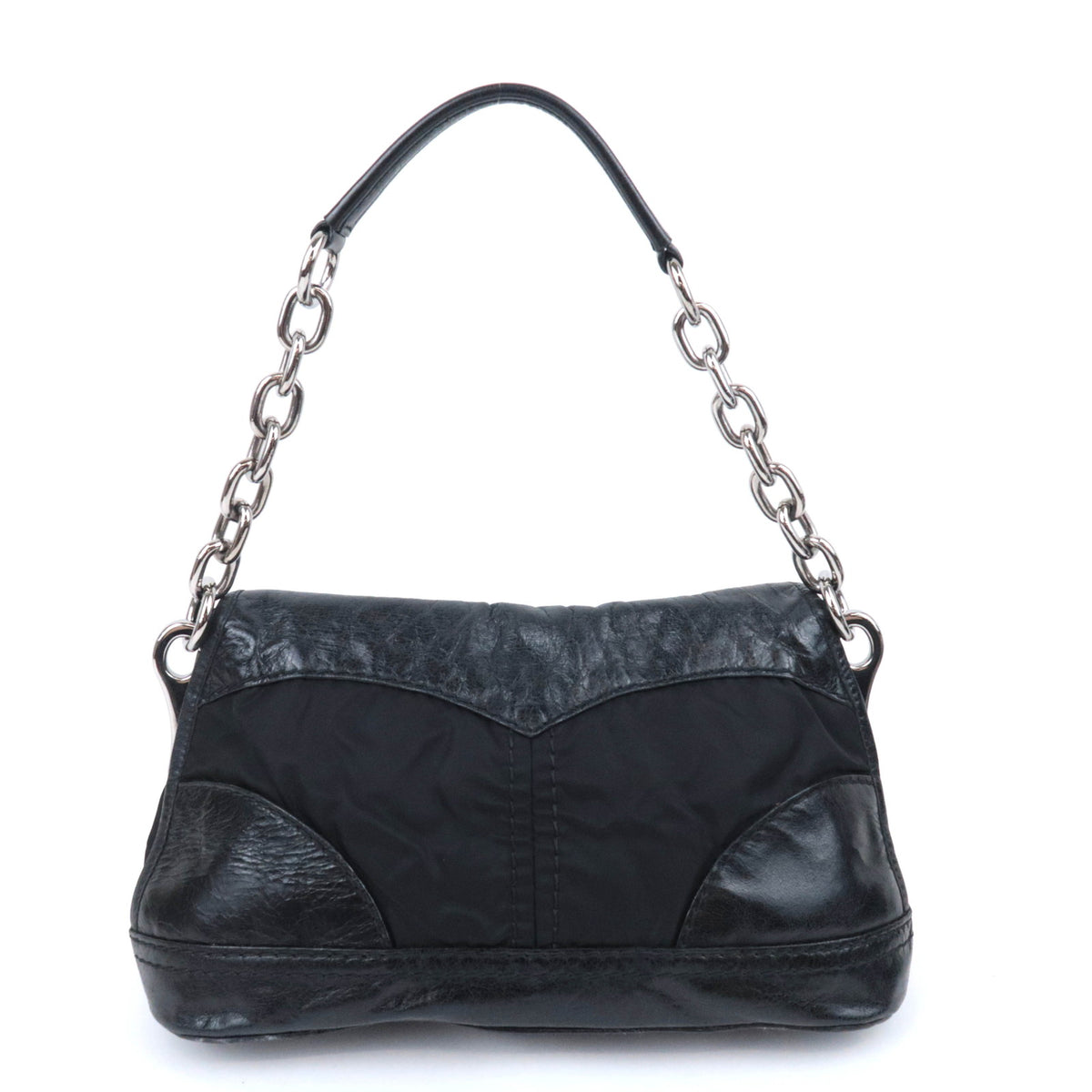 PRADA Nylon Leather Chain Shoulder Bag Black