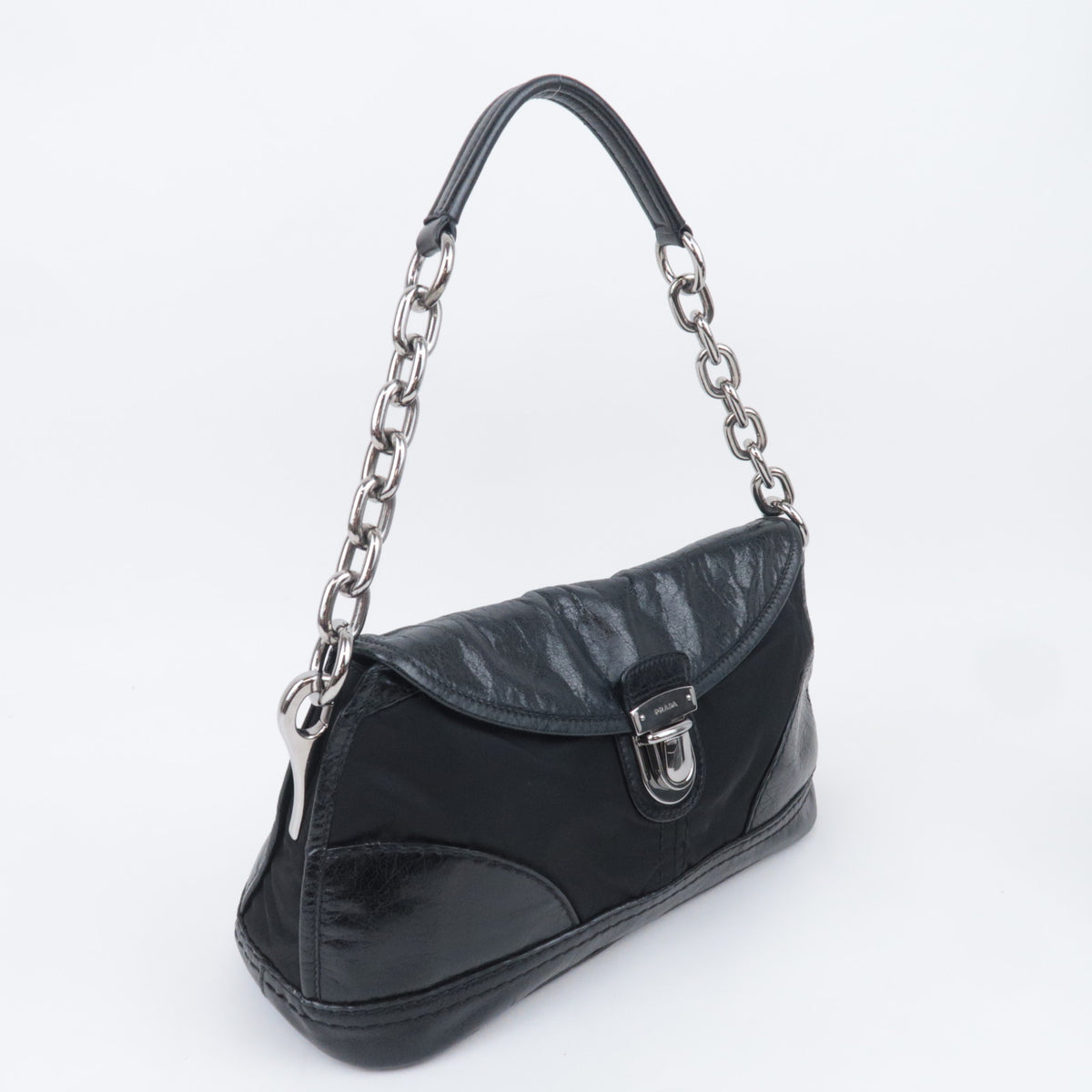 PRADA Nylon Leather Chain Shoulder Bag Black