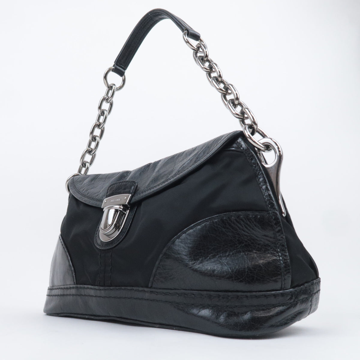 PRADA Nylon Leather Chain Shoulder Bag Black