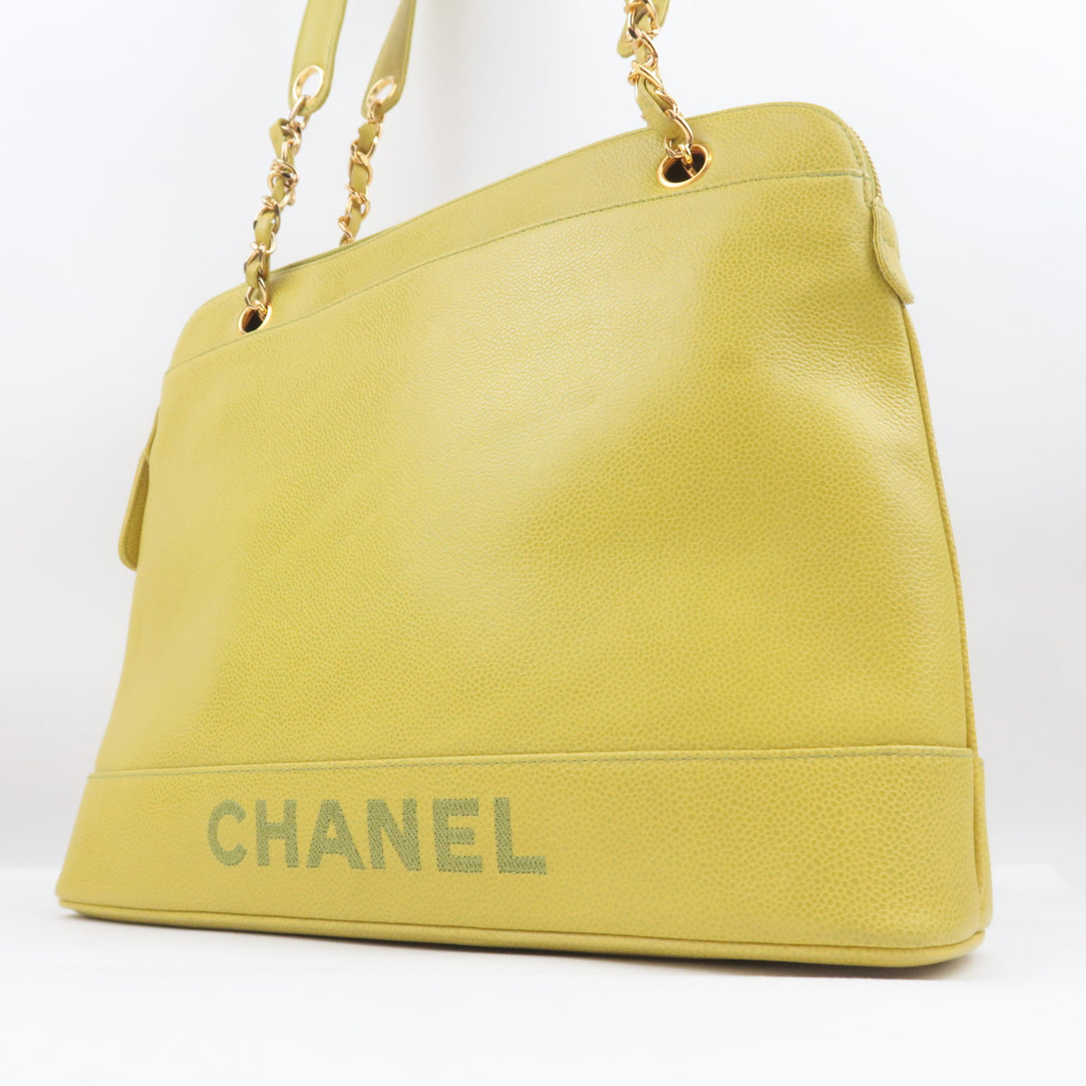 CHANEL Logo Chain Tote Bag Caviarskin