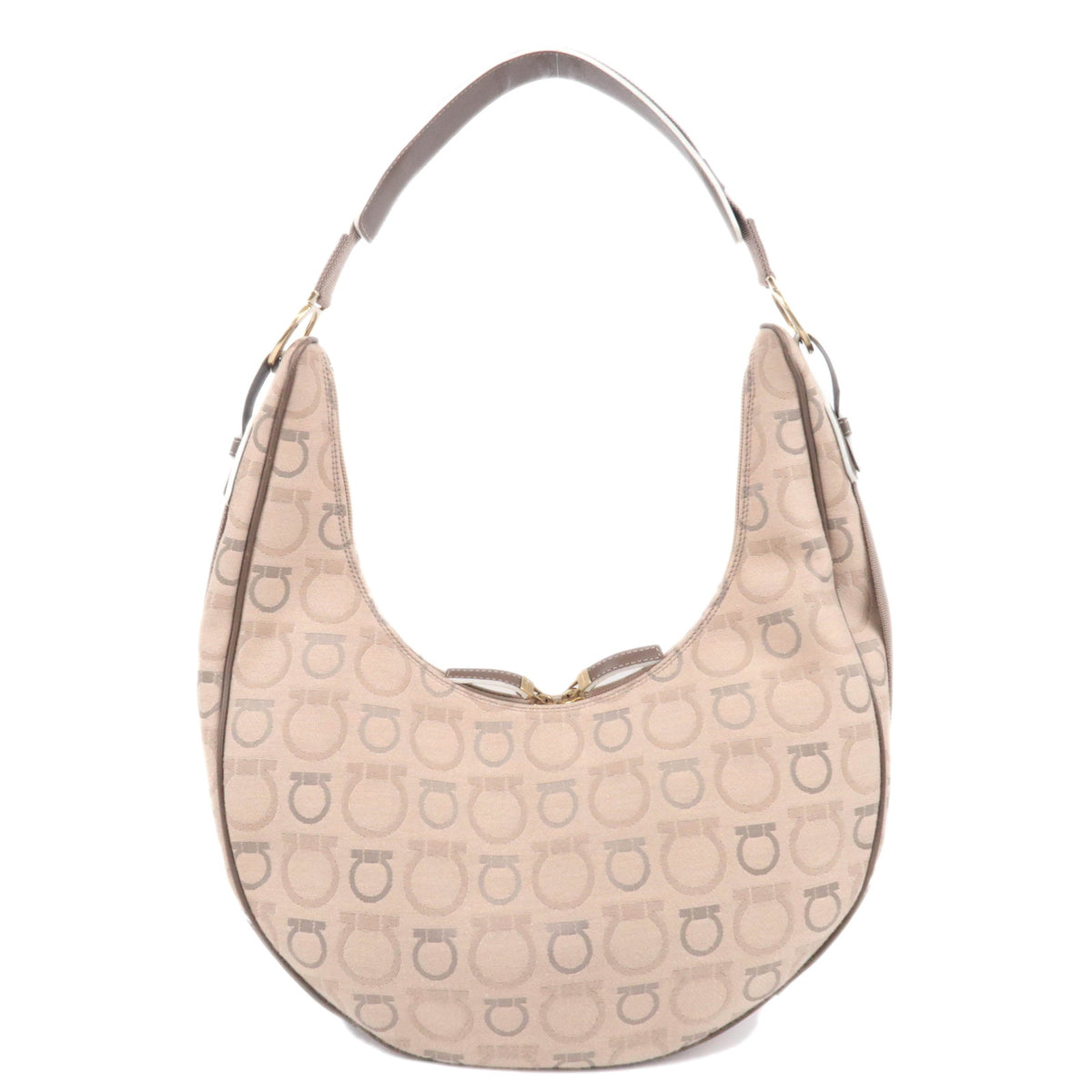 Ferragamo Gancini Canvas Crescent Shape Hobo Bag Beige92928