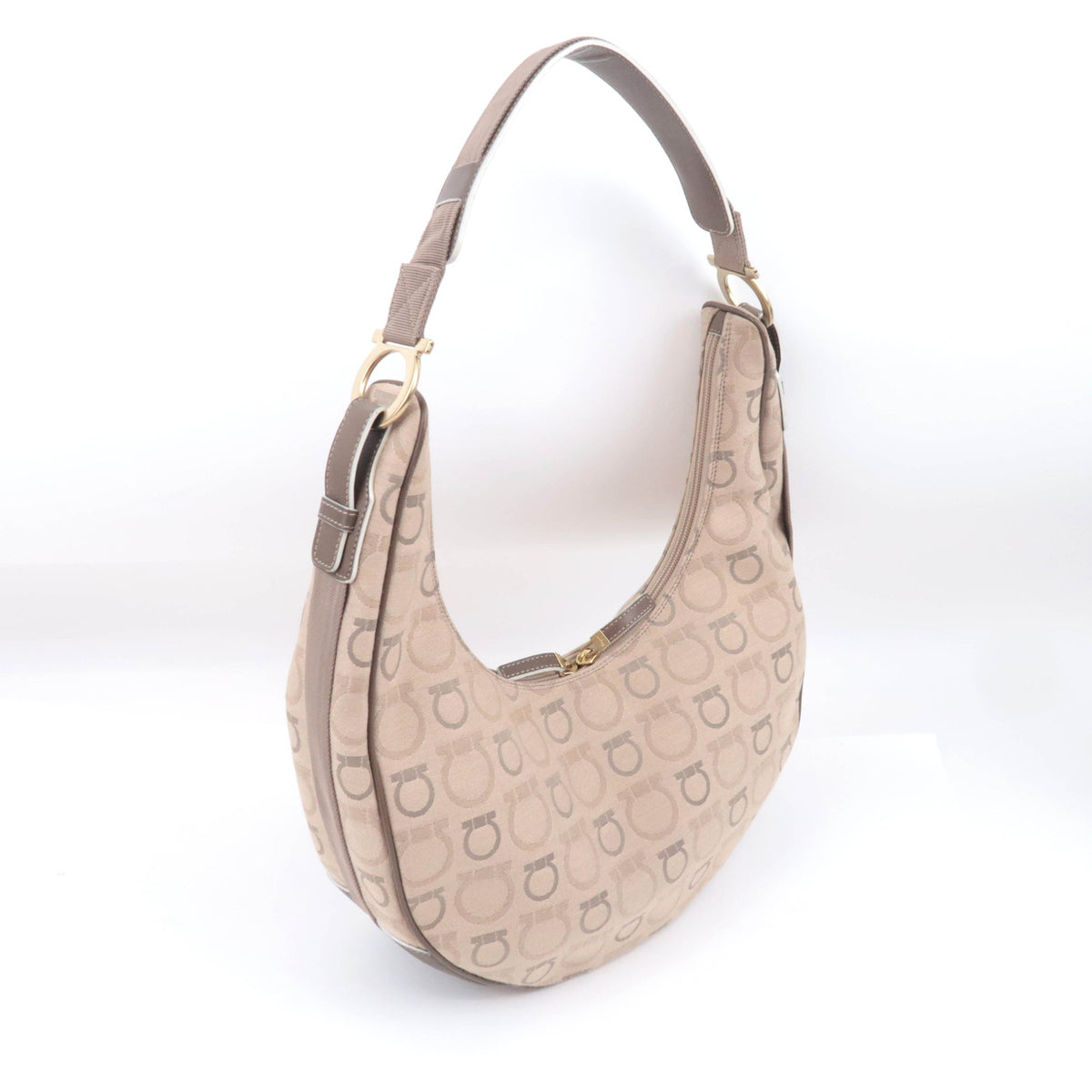 Ferragamo Gancini Canvas Crescent Shape Hobo Bag Beige