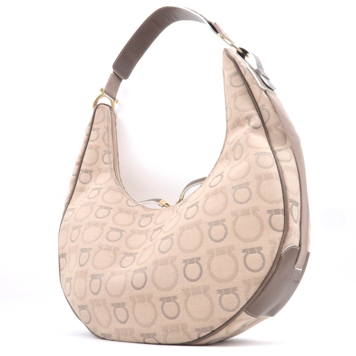 Ferragamo Gancini Canvas Crescent Shape Hobo Bag Beige