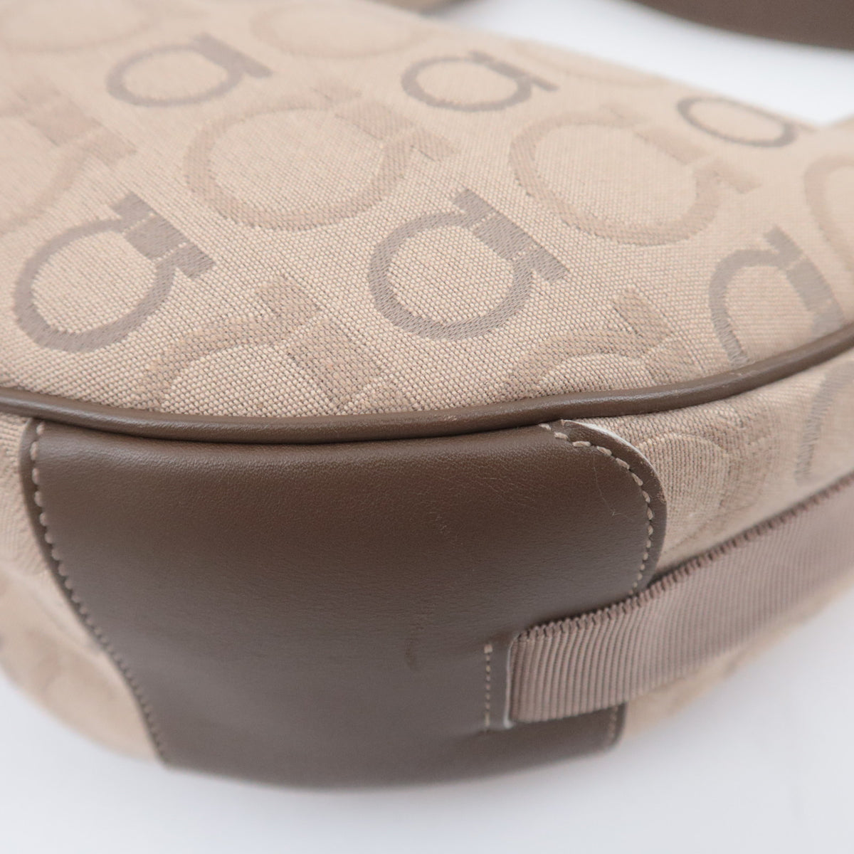 Ferragamo Gancini Canvas Crescent Shape Hobo Bag Beige