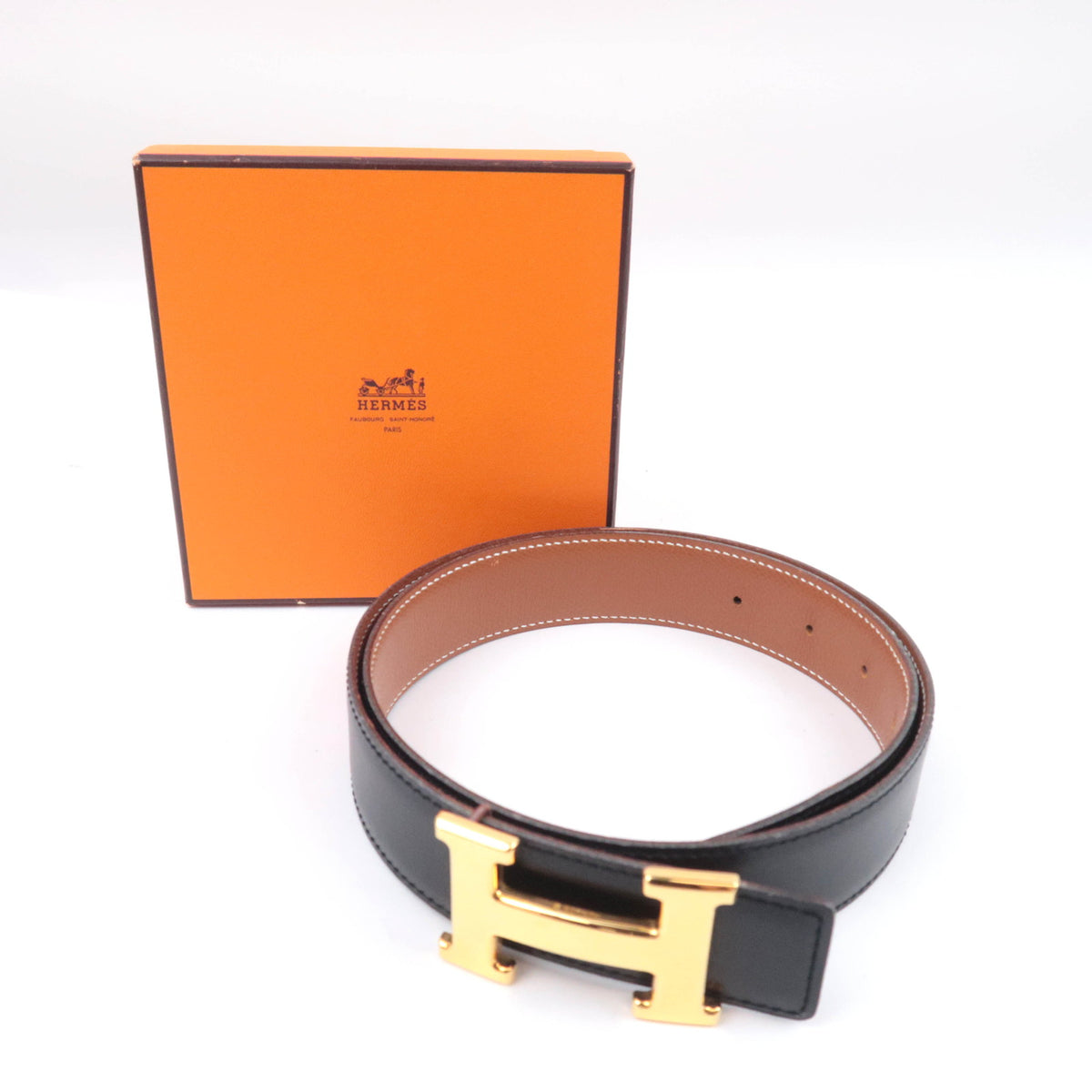 HERMES Constance H Reversible Leather Belt  Size 76 With "〇Z" Stamp Black Brown