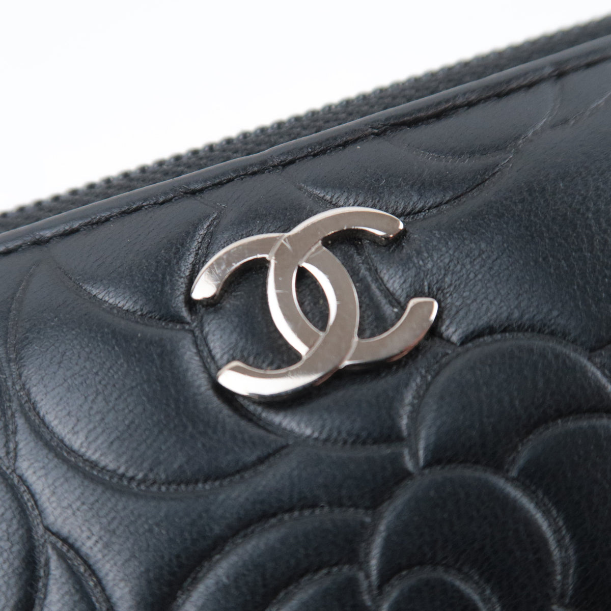 CHANEL Camellia Embossed Long Wallet Lambskin