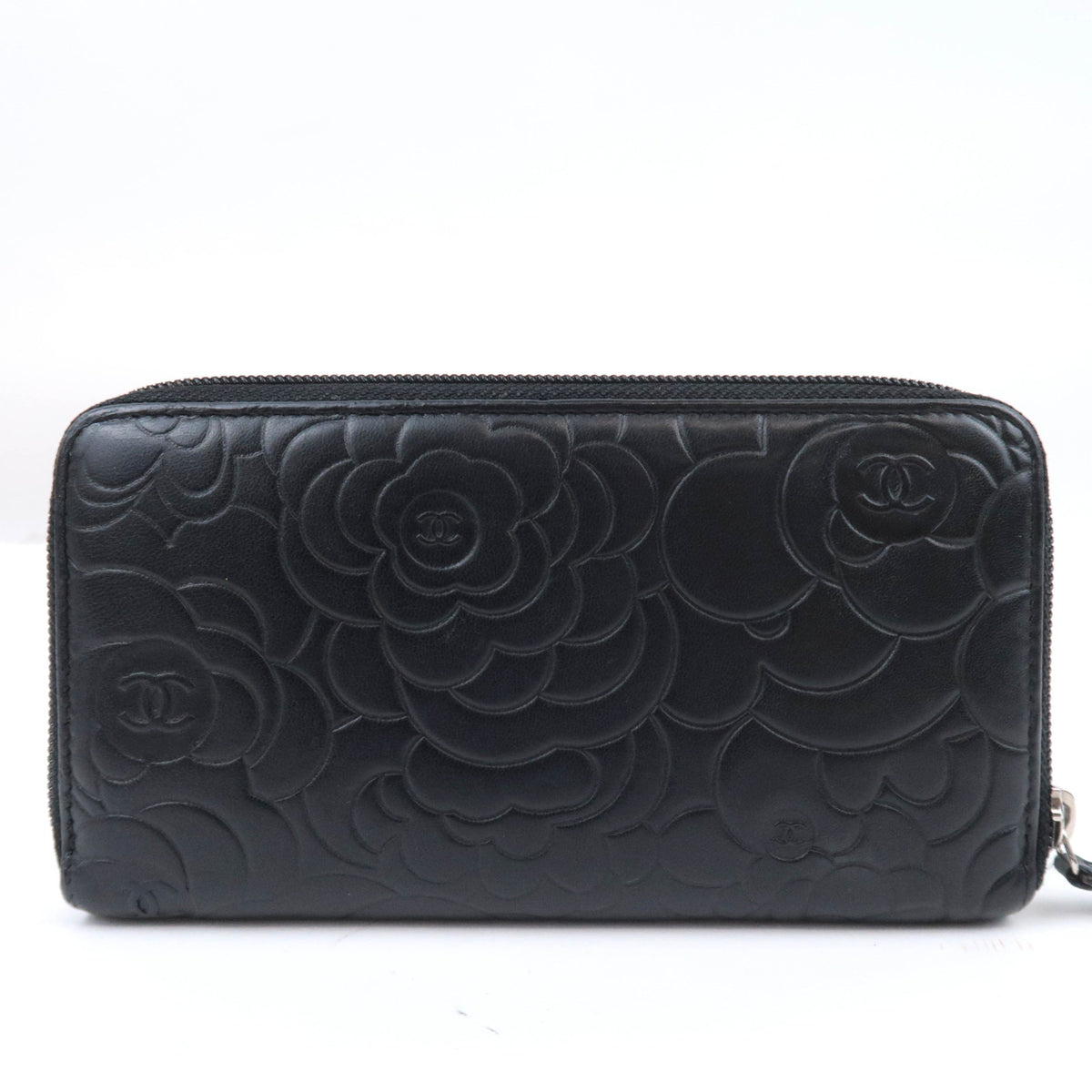 CHANEL Camellia Embossed Long Wallet Lambskin