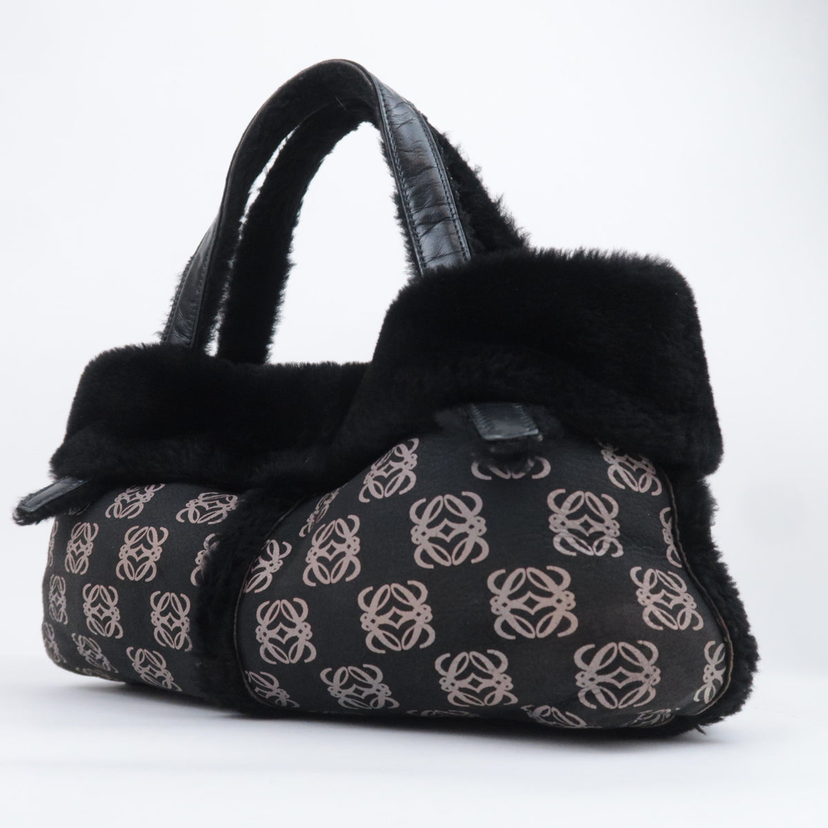LOEWE Repeat Anagram Fur Trim Leather Handbag