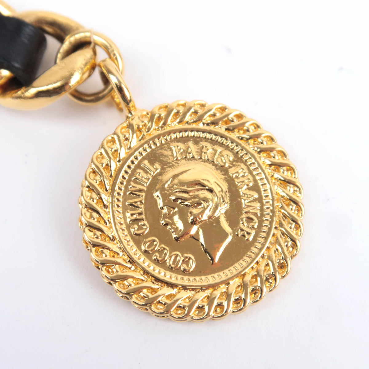 CHANEL Medallion Coin Charm Chain Belt Black Gold