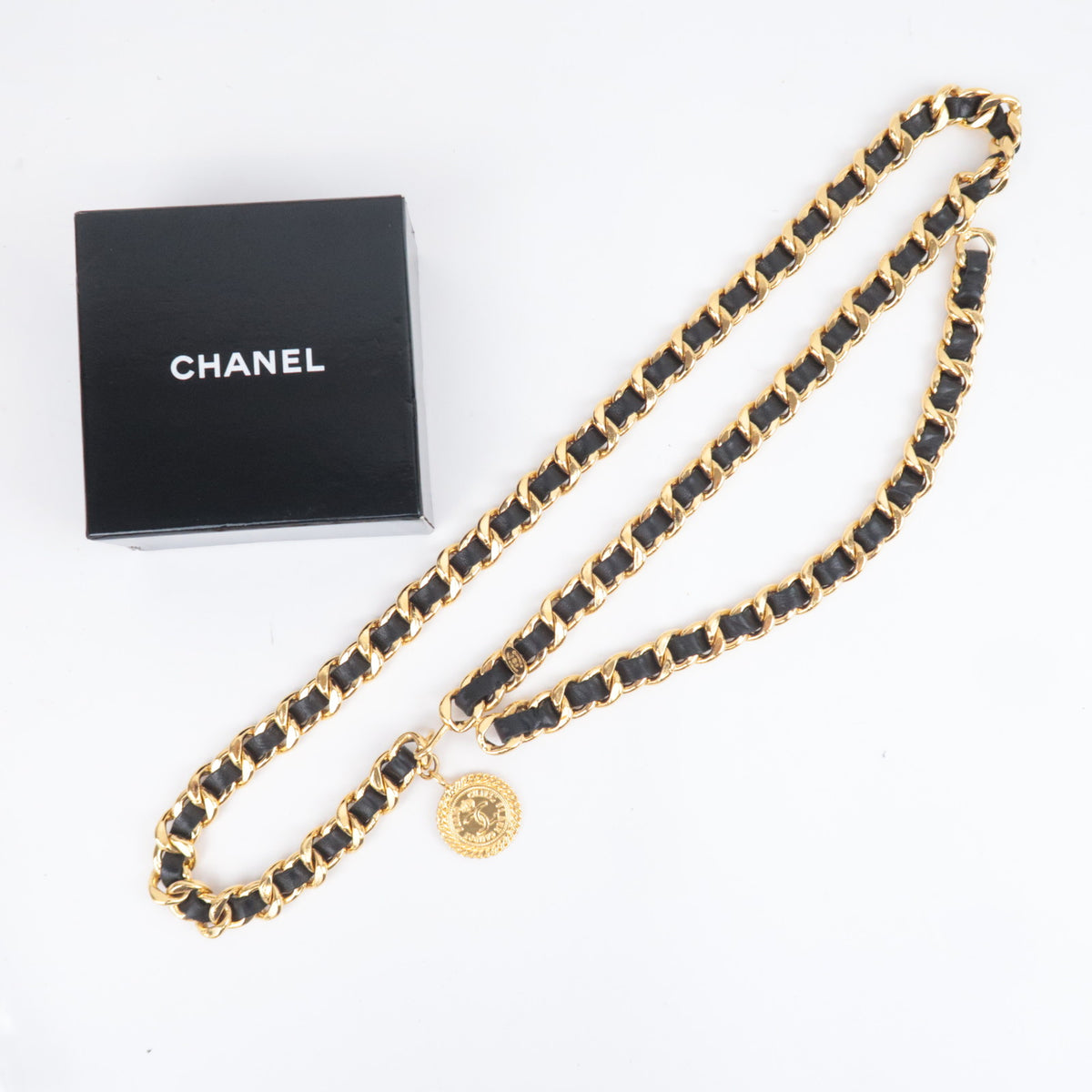 CHANEL Medallion Coin Charm Chain Belt Black Gold