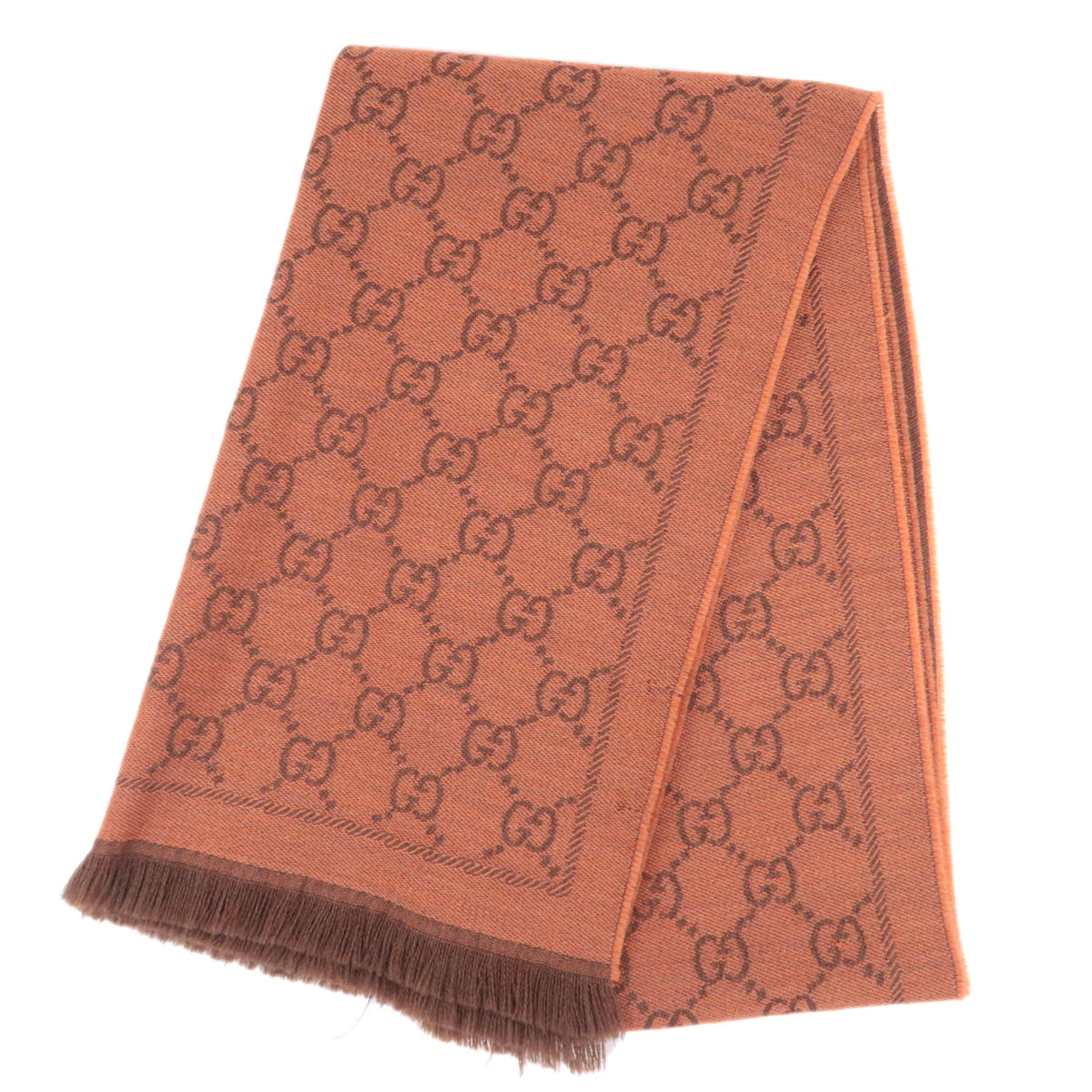 GUCCI GG Print Fringe Scarf 100% Wool Orange93585
