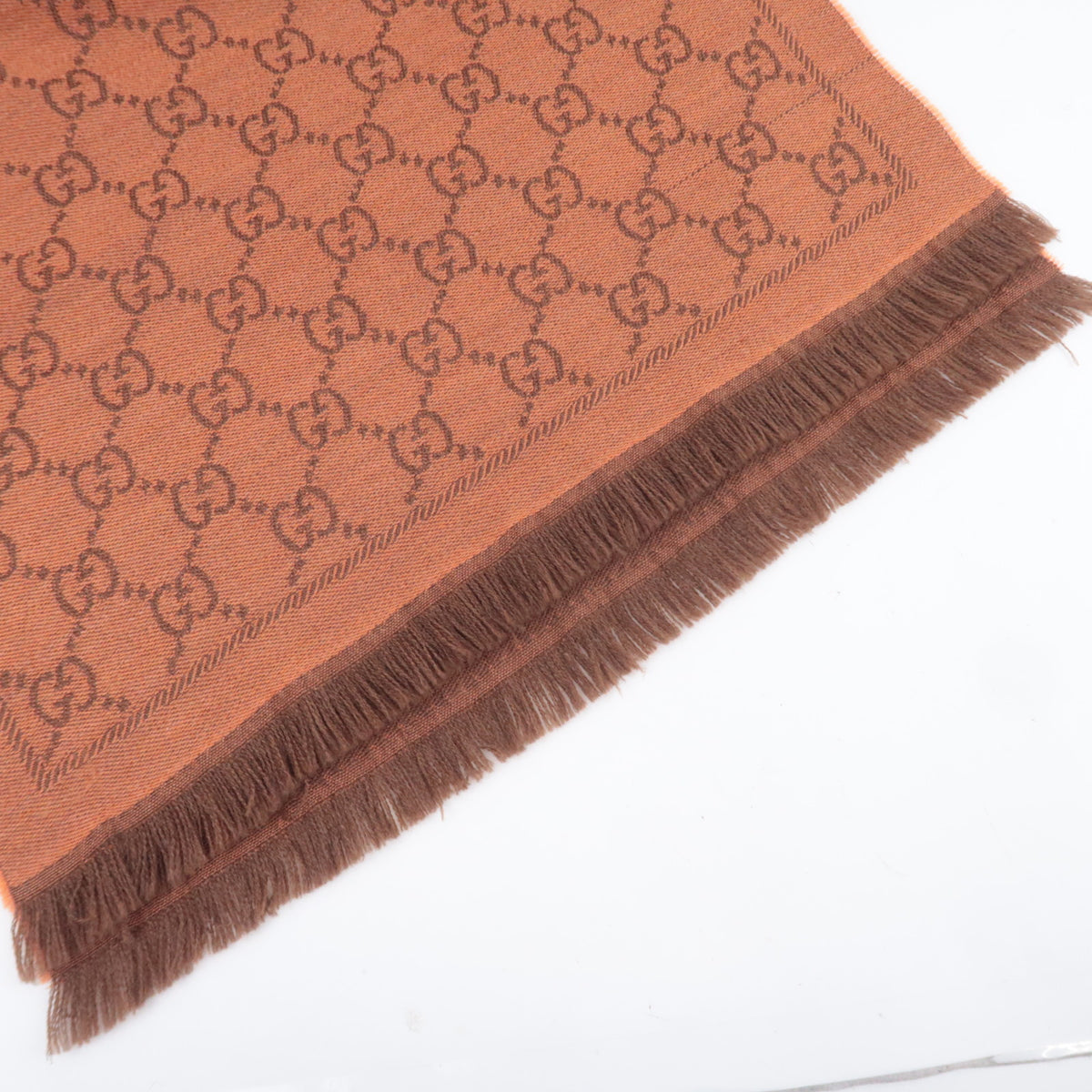 GUCCI GG Print Fringe Scarf 100% Wool Orange