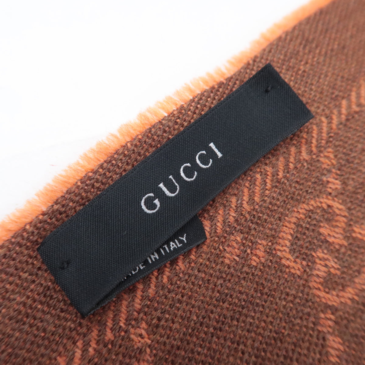 GUCCI GG Print Fringe Scarf 100% Wool Orange
