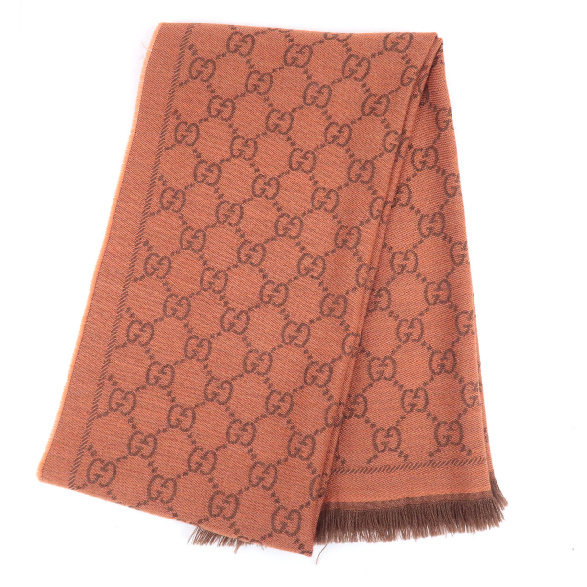 GUCCI GG Print Fringe Scarf 100% Wool Orange