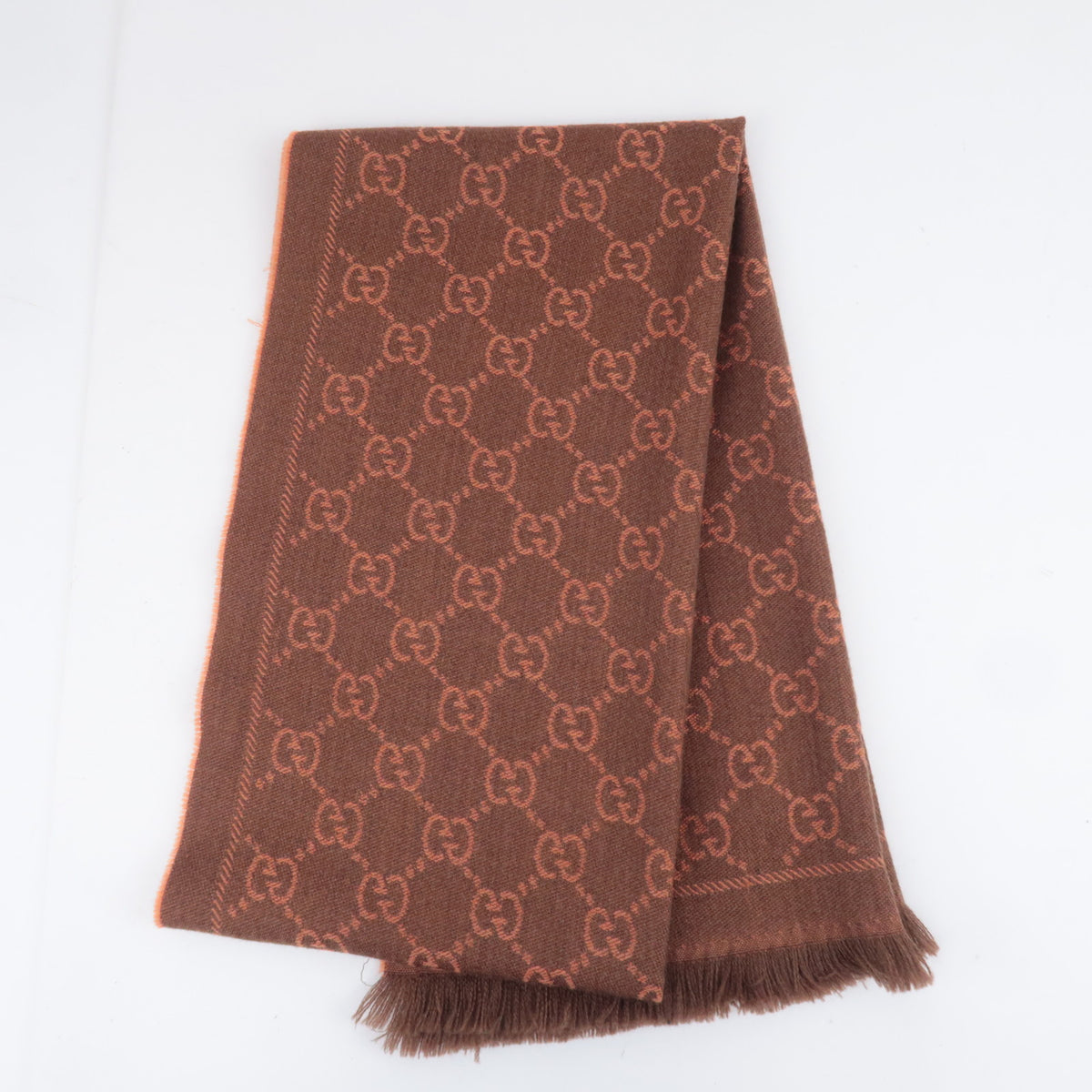 GUCCI GG Print Fringe Scarf 100% Wool Orange