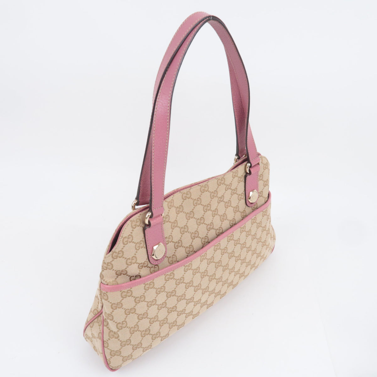 GUCCI GG Canvas Tote Bag Pink Leather Trim Shoulder Handbag 163288