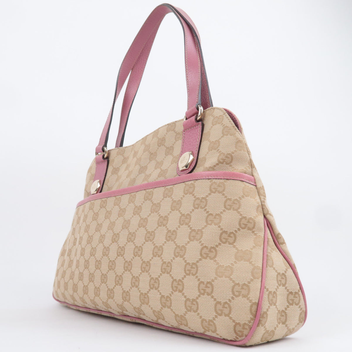 GUCCI GG Canvas Tote Bag Pink Leather Trim Shoulder Handbag 163288